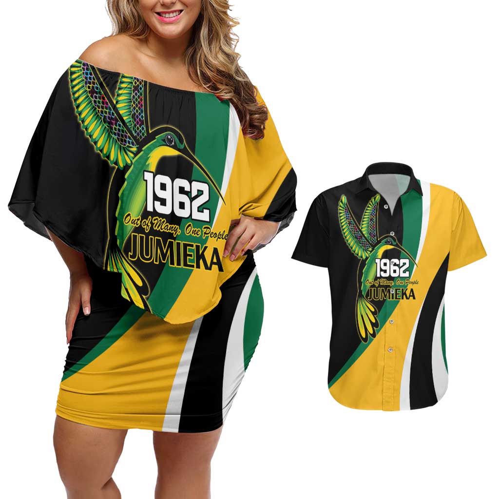 Jamaica Independence Day Personalized Couples Matching Off Shoulder Short Dress and Hawaiian Shirt Green and Yellow Tribal Hummingbird - Wonder Print Shop