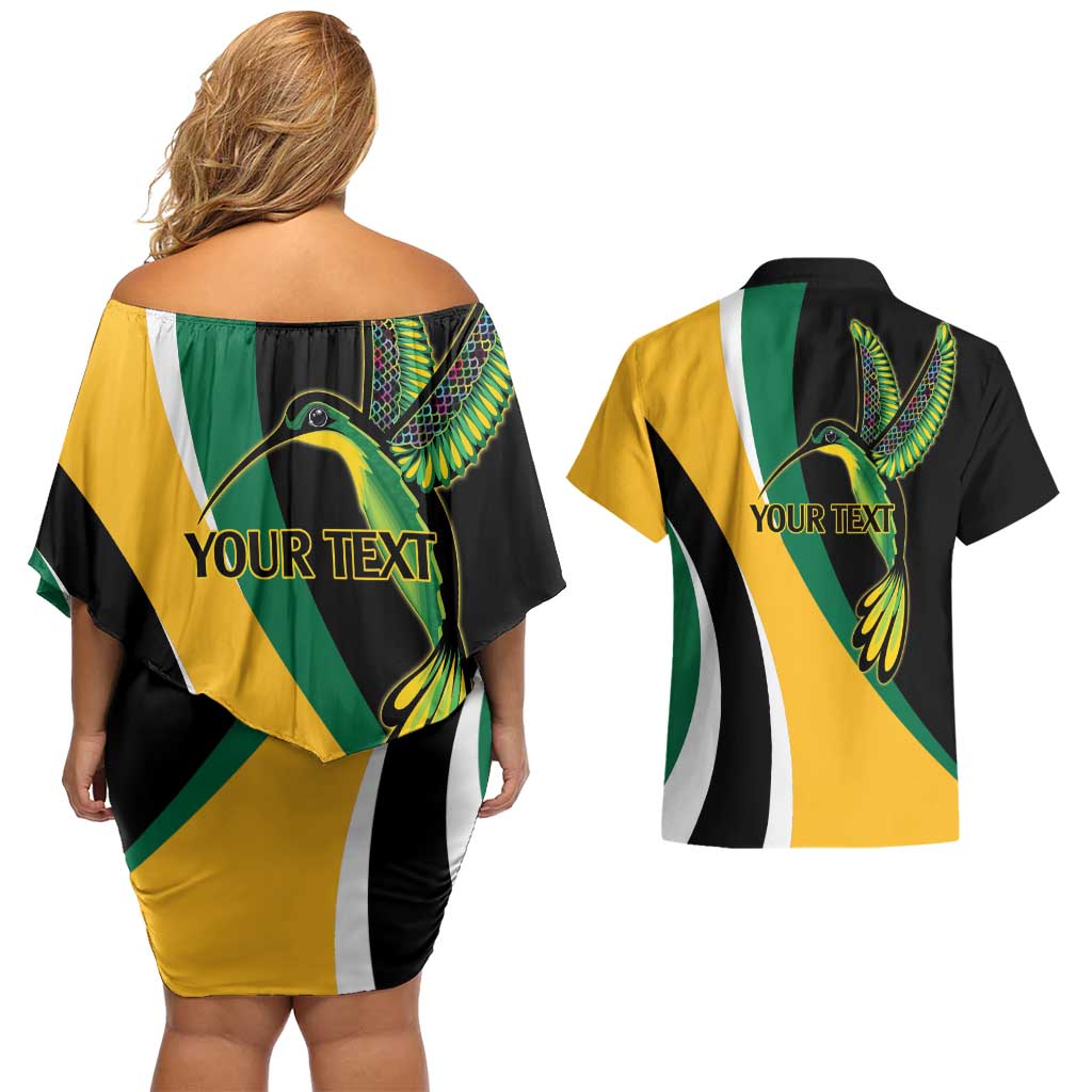Jamaica Independence Day Personalized Couples Matching Off Shoulder Short Dress and Hawaiian Shirt Green and Yellow Tribal Hummingbird - Wonder Print Shop