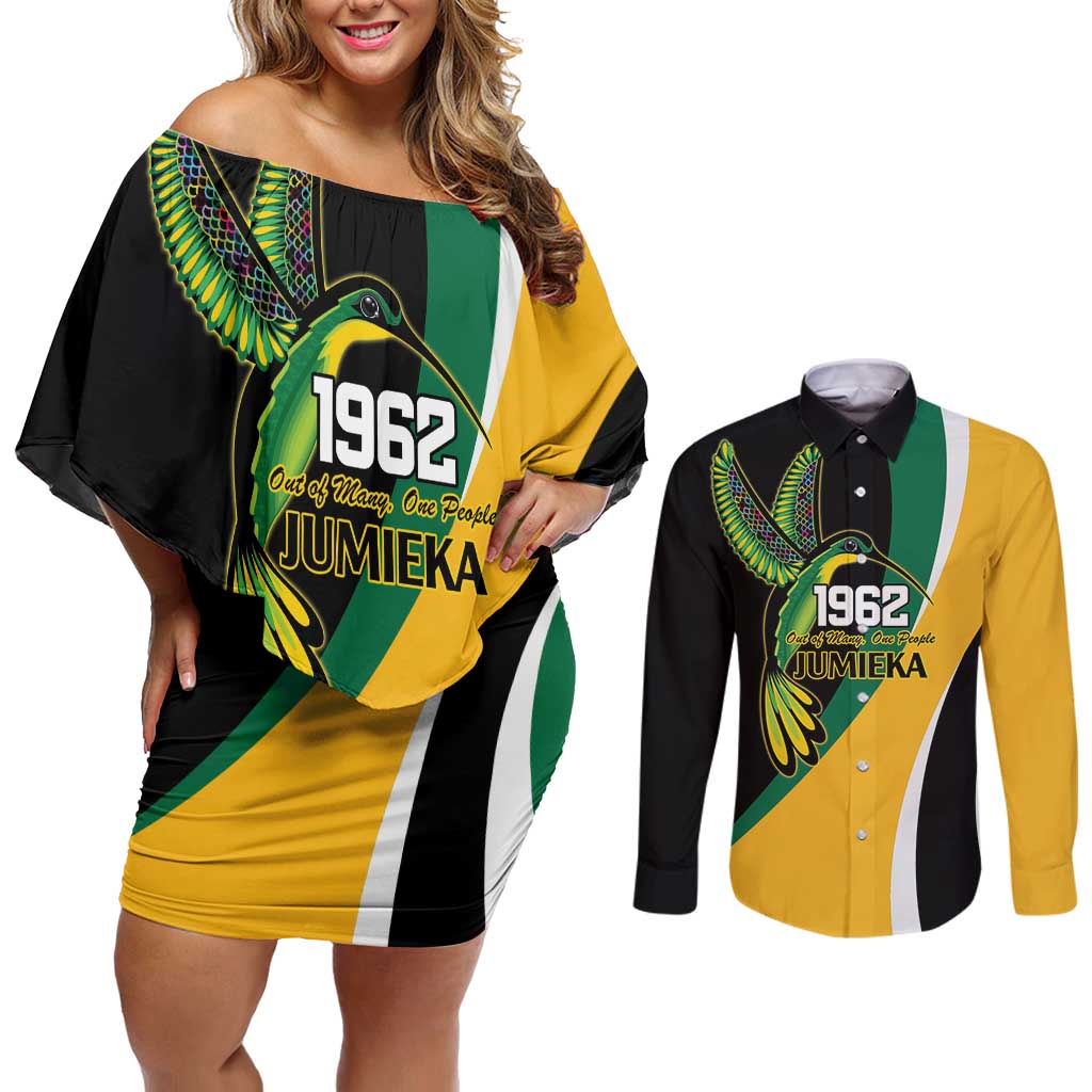 Jamaica Independence Day Personalized Couples Matching Off Shoulder Short Dress and Long Sleeve Button Shirt Green and Yellow Tribal Hummingbird - Wonder Print Shop