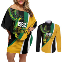 Jamaica Independence Day Personalized Couples Matching Off Shoulder Short Dress and Long Sleeve Button Shirt Green and Yellow Tribal Hummingbird - Wonder Print Shop