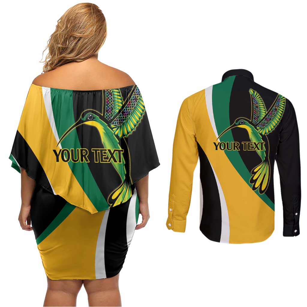 Jamaica Independence Day Personalized Couples Matching Off Shoulder Short Dress and Long Sleeve Button Shirt Green and Yellow Tribal Hummingbird - Wonder Print Shop