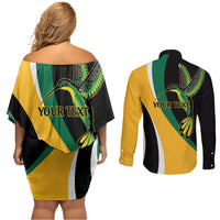 Jamaica Independence Day Personalized Couples Matching Off Shoulder Short Dress and Long Sleeve Button Shirt Green and Yellow Tribal Hummingbird - Wonder Print Shop