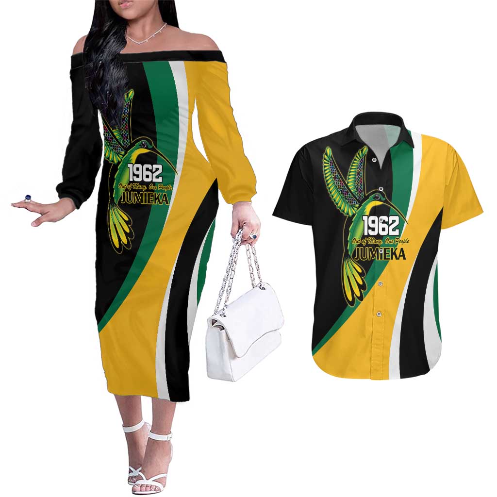 Jamaica Independence Day Personalized Couples Matching Off The Shoulder Long Sleeve Dress and Hawaiian Shirt Green and Yellow Tribal Hummingbird - Wonder Print Shop