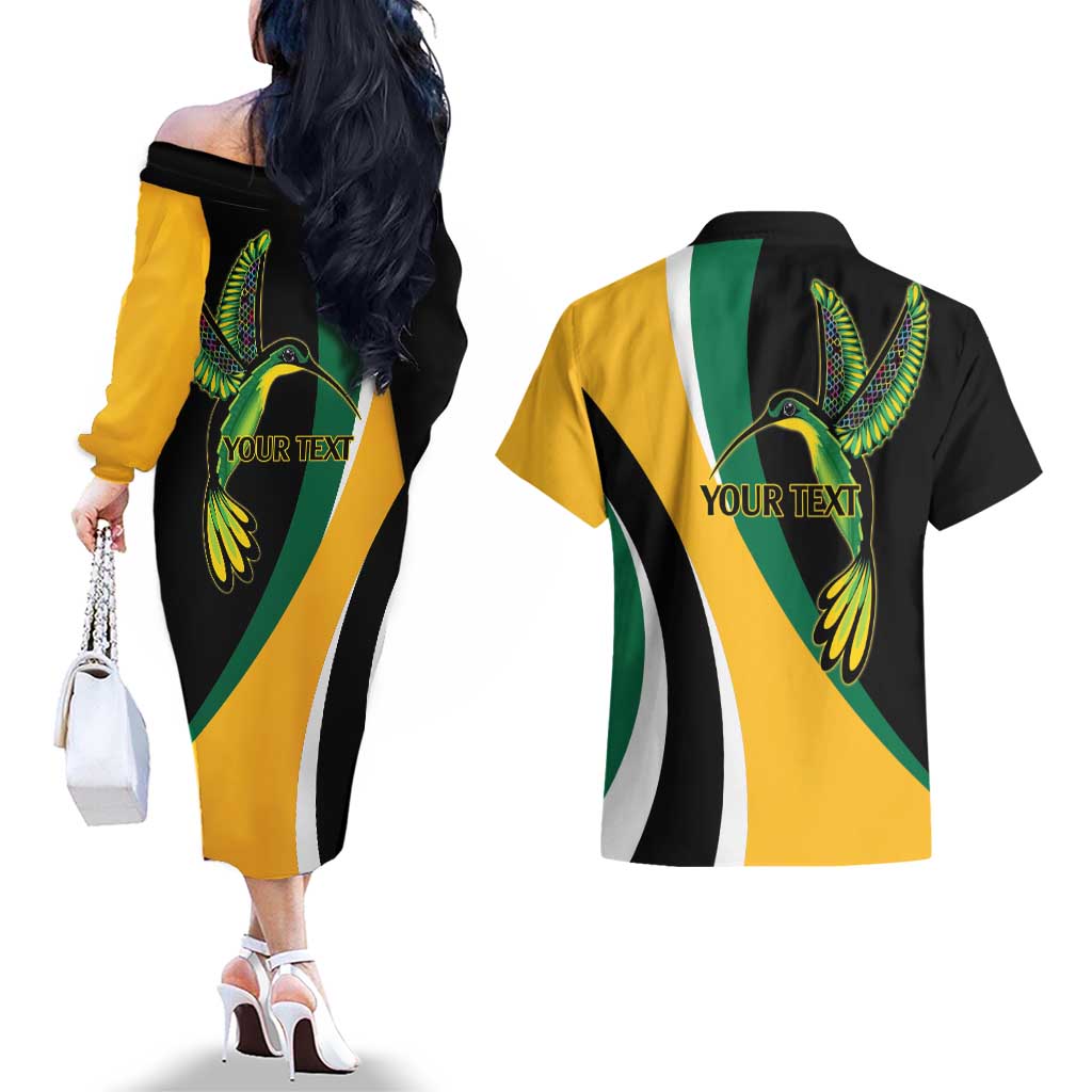 Jamaica Independence Day Personalized Couples Matching Off The Shoulder Long Sleeve Dress and Hawaiian Shirt Green and Yellow Tribal Hummingbird - Wonder Print Shop