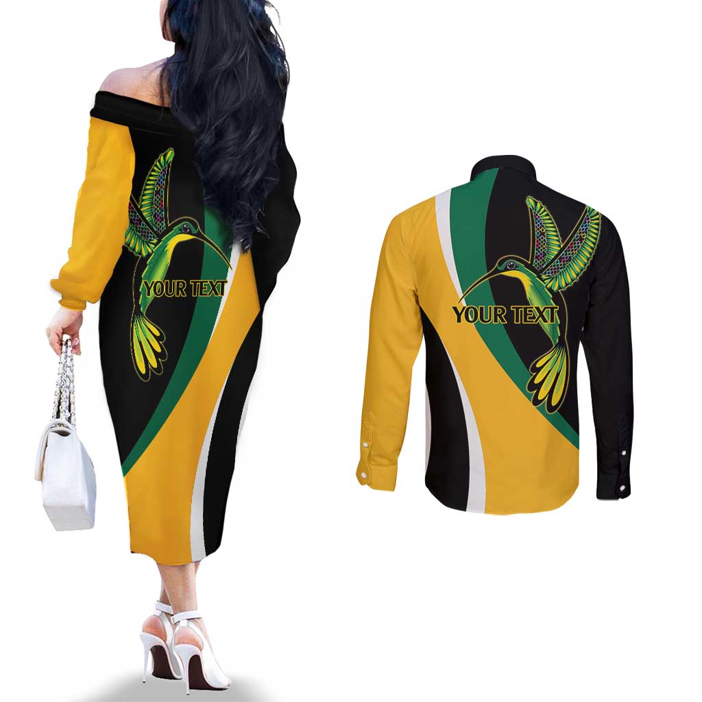 Jamaica Independence Day Personalized Couples Matching Off The Shoulder Long Sleeve Dress and Long Sleeve Button Shirt Green and Yellow Tribal Hummingbird - Wonder Print Shop