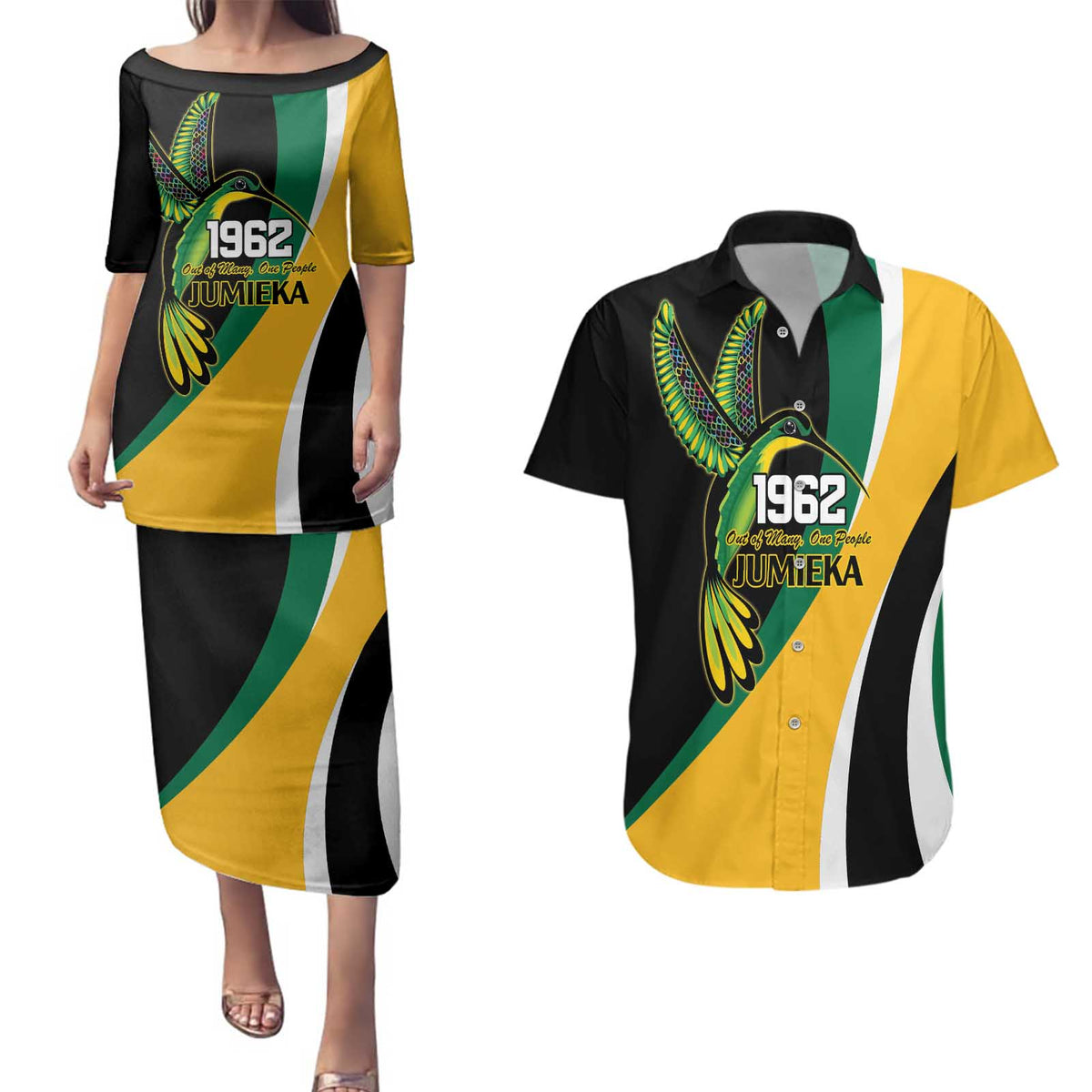 Jamaica Independence Day Personalized Couples Matching Puletasi and Hawaiian Shirt Green and Yellow Tribal Hummingbird - Wonder Print Shop