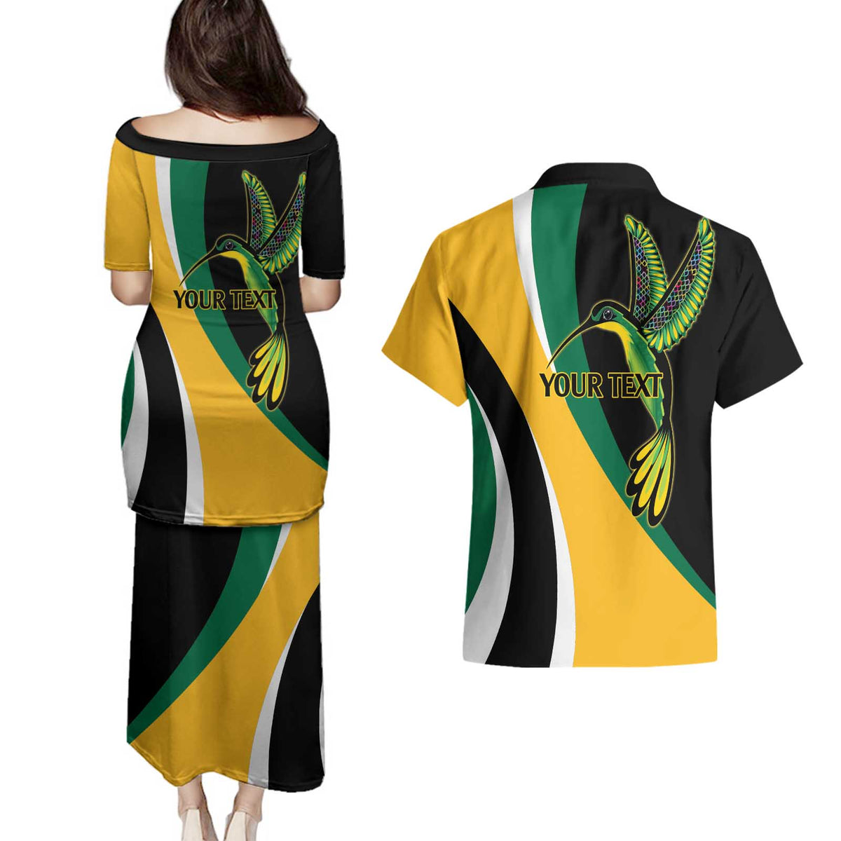 Jamaica Independence Day Personalized Couples Matching Puletasi and Hawaiian Shirt Green and Yellow Tribal Hummingbird - Wonder Print Shop