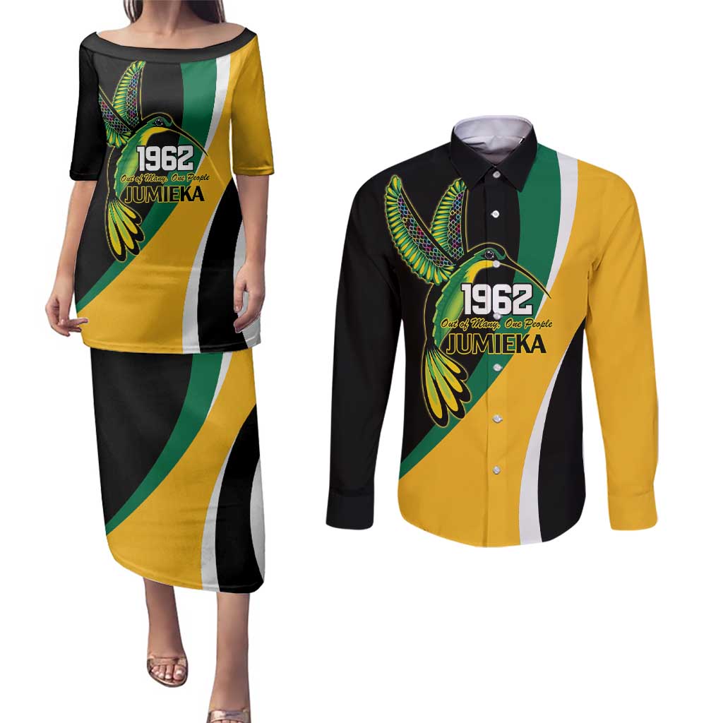 Jamaica Independence Day Personalized Couples Matching Puletasi and Long Sleeve Button Shirt Green and Yellow Tribal Hummingbird - Wonder Print Shop