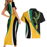 Jamaica Independence Day Personalized Couples Matching Short Sleeve Bodycon Dress and Hawaiian Shirt Green and Yellow Tribal Hummingbird - Wonder Print Shop