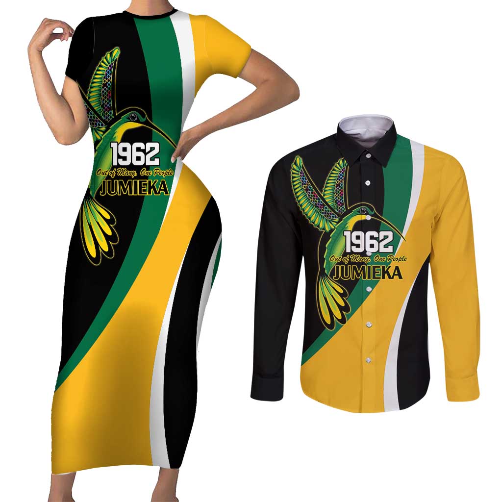 Jamaica Independence Day Personalized Couples Matching Short Sleeve Bodycon Dress and Long Sleeve Button Shirt Green and Yellow Tribal Hummingbird - Wonder Print Shop
