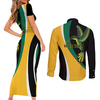 Jamaica Independence Day Personalized Couples Matching Short Sleeve Bodycon Dress and Long Sleeve Button Shirt Green and Yellow Tribal Hummingbird - Wonder Print Shop
