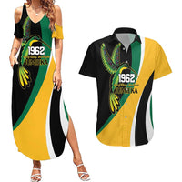 Jamaica Independence Day Personalized Couples Matching Summer Maxi Dress and Hawaiian Shirt Green and Yellow Tribal Hummingbird - Wonder Print Shop