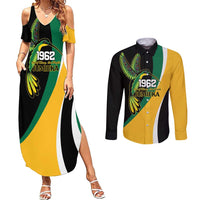 Jamaica Independence Day Personalized Couples Matching Summer Maxi Dress and Long Sleeve Button Shirt Green and Yellow Tribal Hummingbird - Wonder Print Shop