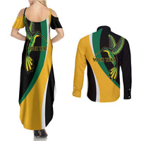 Jamaica Independence Day Personalized Couples Matching Summer Maxi Dress and Long Sleeve Button Shirt Green and Yellow Tribal Hummingbird - Wonder Print Shop