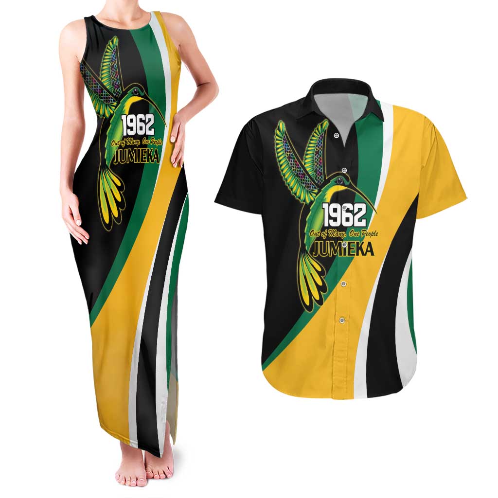 Jamaica Independence Day Personalized Couples Matching Tank Maxi Dress and Hawaiian Shirt Green and Yellow Tribal Hummingbird - Wonder Print Shop