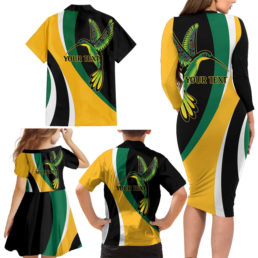 Jamaica Independence Day Personalized Family Matching Long Sleeve Bodycon Dress and Hawaiian Shirt Green and Yellow Tribal Hummingbird - Wonder Print Shop