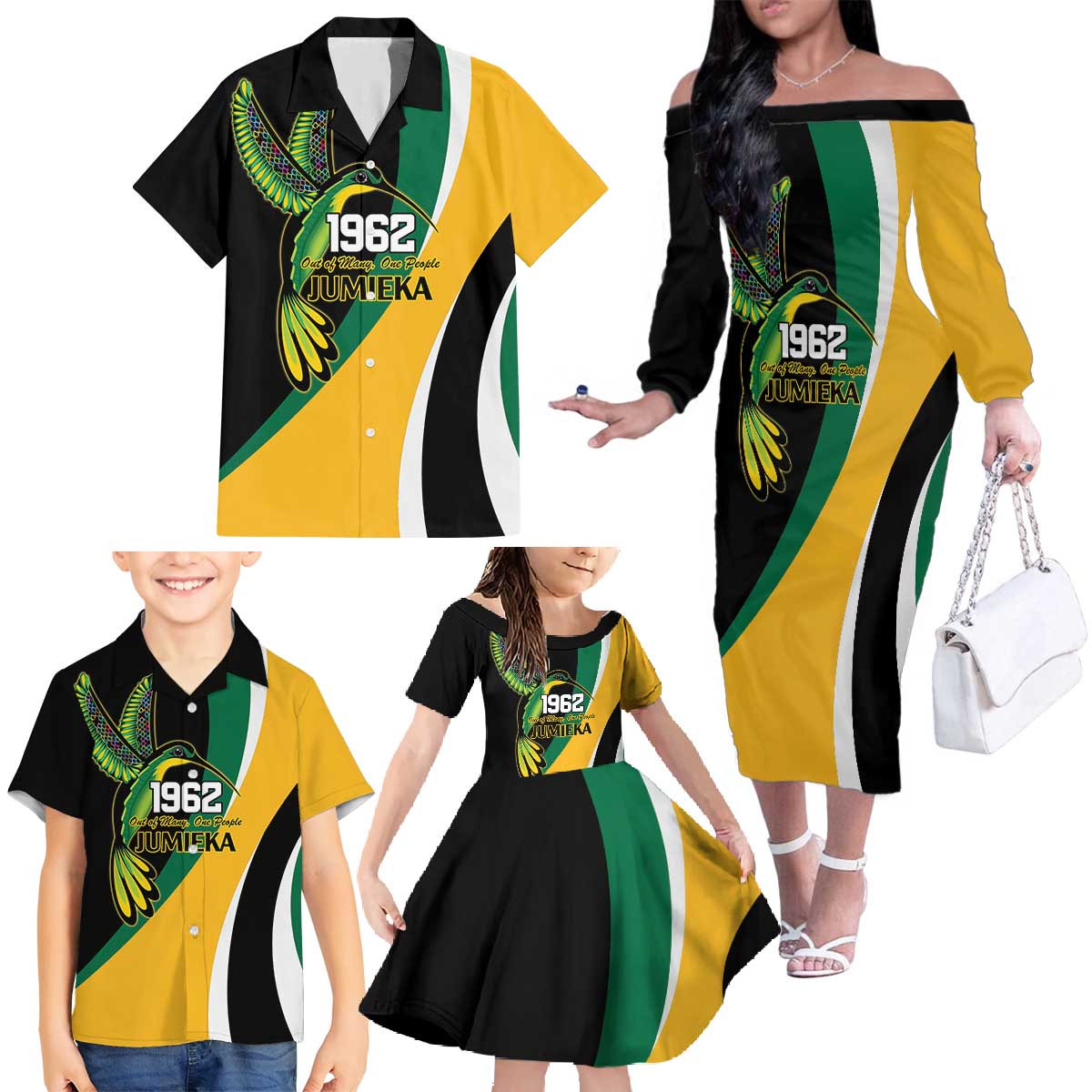 Jamaica Independence Day Personalized Family Matching Off The Shoulder Long Sleeve Dress and Hawaiian Shirt Green and Yellow Tribal Hummingbird - Wonder Print Shop