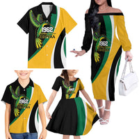 Jamaica Independence Day Personalized Family Matching Off The Shoulder Long Sleeve Dress and Hawaiian Shirt Green and Yellow Tribal Hummingbird - Wonder Print Shop