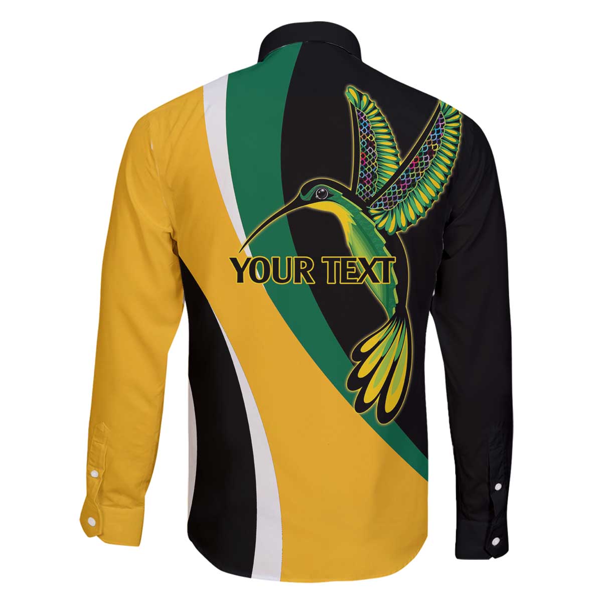 Jamaica Independence Day Personalized Family Matching Off The Shoulder Long Sleeve Dress and Hawaiian Shirt Green and Yellow Tribal Hummingbird - Wonder Print Shop