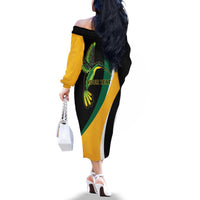 Jamaica Independence Day Personalized Family Matching Off The Shoulder Long Sleeve Dress and Hawaiian Shirt Green and Yellow Tribal Hummingbird - Wonder Print Shop