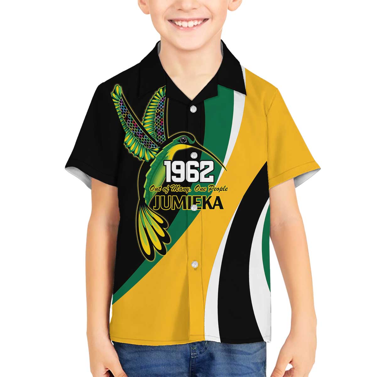 Jamaica Independence Day Personalized Family Matching Off The Shoulder Long Sleeve Dress and Hawaiian Shirt Green and Yellow Tribal Hummingbird - Wonder Print Shop