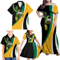 Jamaica Independence Day Personalized Family Matching Off Shoulder Maxi Dress and Hawaiian Shirt Green and Yellow Tribal Hummingbird - Wonder Print Shop