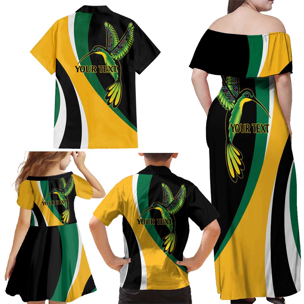 Jamaica Independence Day Personalized Family Matching Off Shoulder Maxi Dress and Hawaiian Shirt Green and Yellow Tribal Hummingbird - Wonder Print Shop