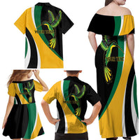 Jamaica Independence Day Personalized Family Matching Off Shoulder Maxi Dress and Hawaiian Shirt Green and Yellow Tribal Hummingbird - Wonder Print Shop