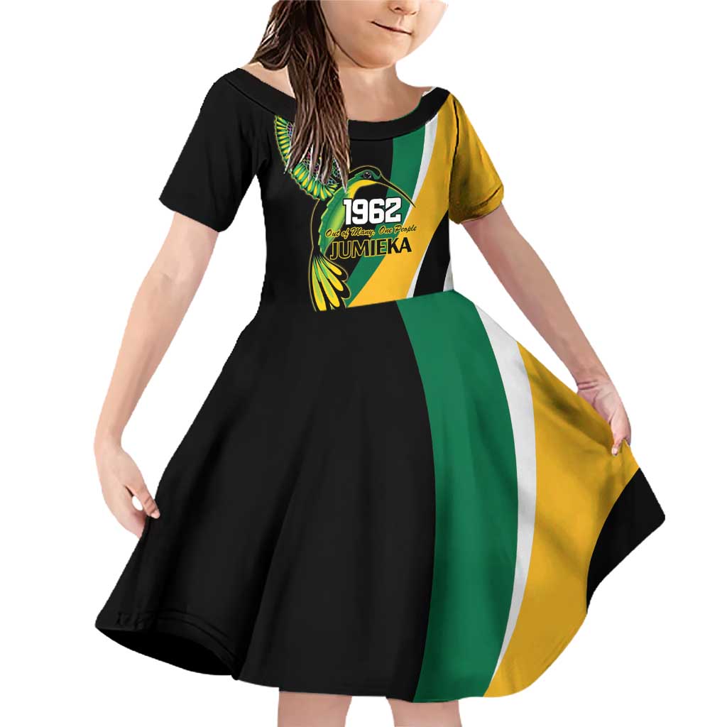 Jamaica Independence Day Personalized Family Matching Off Shoulder Short Dress and Hawaiian Shirt Green and Yellow Tribal Hummingbird - Wonder Print Shop
