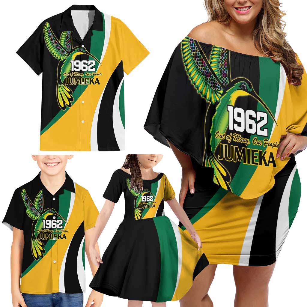 Jamaica Independence Day Personalized Family Matching Off Shoulder Short Dress and Hawaiian Shirt Green and Yellow Tribal Hummingbird - Wonder Print Shop