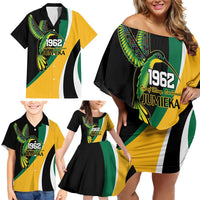 Jamaica Independence Day Personalized Family Matching Off Shoulder Short Dress and Hawaiian Shirt Green and Yellow Tribal Hummingbird - Wonder Print Shop