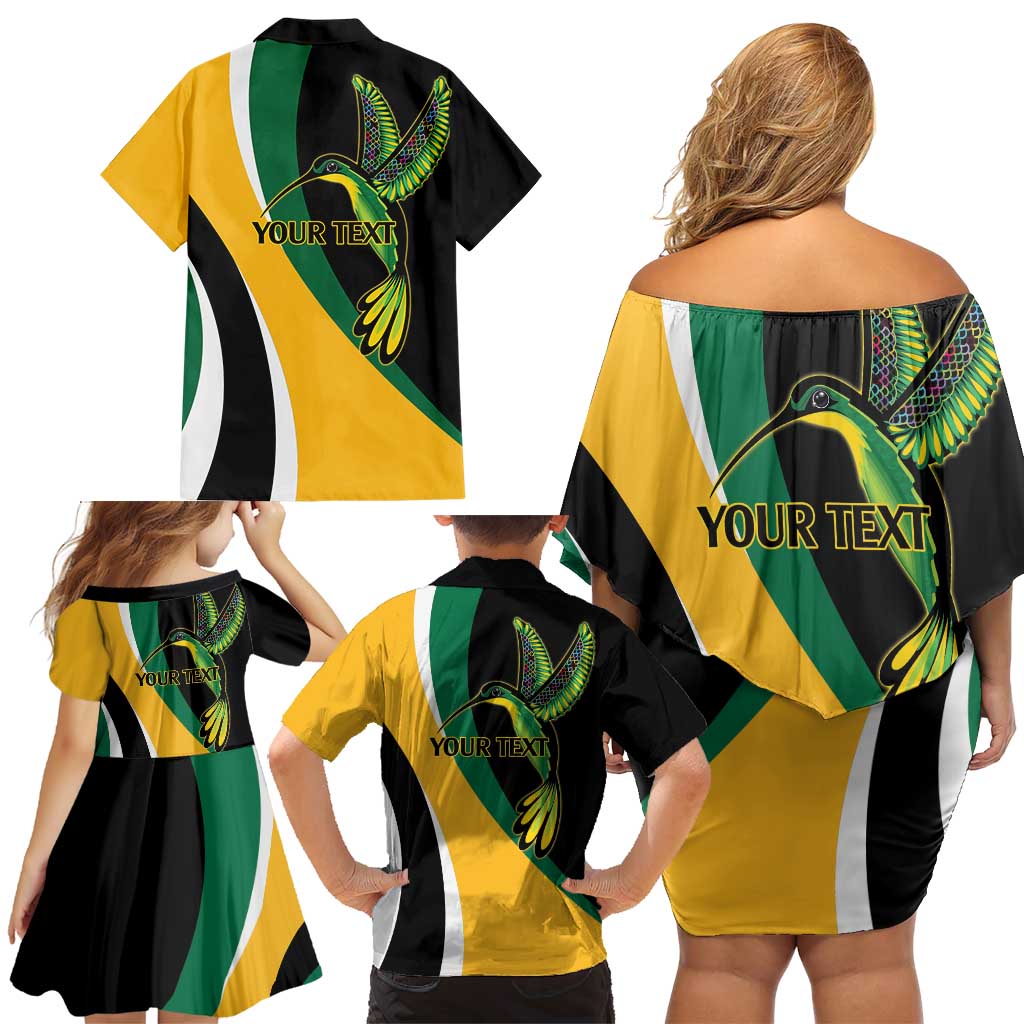 Jamaica Independence Day Personalized Family Matching Off Shoulder Short Dress and Hawaiian Shirt Green and Yellow Tribal Hummingbird - Wonder Print Shop