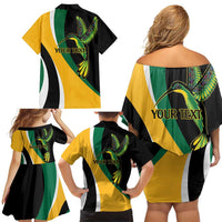Jamaica Independence Day Personalized Family Matching Off Shoulder Short Dress and Hawaiian Shirt Green and Yellow Tribal Hummingbird - Wonder Print Shop