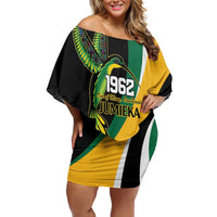 Jamaica Independence Day Personalized Family Matching Off Shoulder Short Dress and Hawaiian Shirt Green and Yellow Tribal Hummingbird - Wonder Print Shop