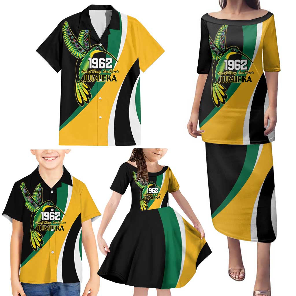 Jamaica Independence Day Personalized Family Matching Puletasi and Hawaiian Shirt Green and Yellow Tribal Hummingbird - Wonder Print Shop