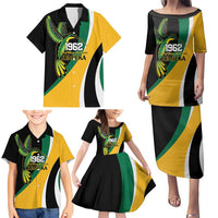 Jamaica Independence Day Personalized Family Matching Puletasi and Hawaiian Shirt Green and Yellow Tribal Hummingbird - Wonder Print Shop