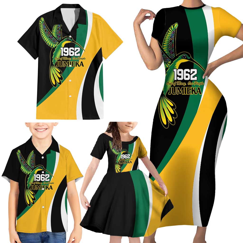 Jamaica Independence Day Personalized Family Matching Short Sleeve Bodycon Dress and Hawaiian Shirt Green and Yellow Tribal Hummingbird - Wonder Print Shop