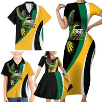 Jamaica Independence Day Personalized Family Matching Short Sleeve Bodycon Dress and Hawaiian Shirt Green and Yellow Tribal Hummingbird - Wonder Print Shop