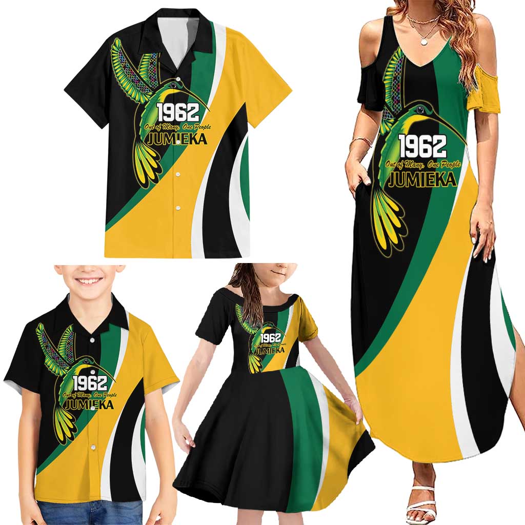 Jamaica Independence Day Personalized Family Matching Summer Maxi Dress and Hawaiian Shirt Green and Yellow Tribal Hummingbird - Wonder Print Shop