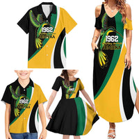 Jamaica Independence Day Personalized Family Matching Summer Maxi Dress and Hawaiian Shirt Green and Yellow Tribal Hummingbird - Wonder Print Shop