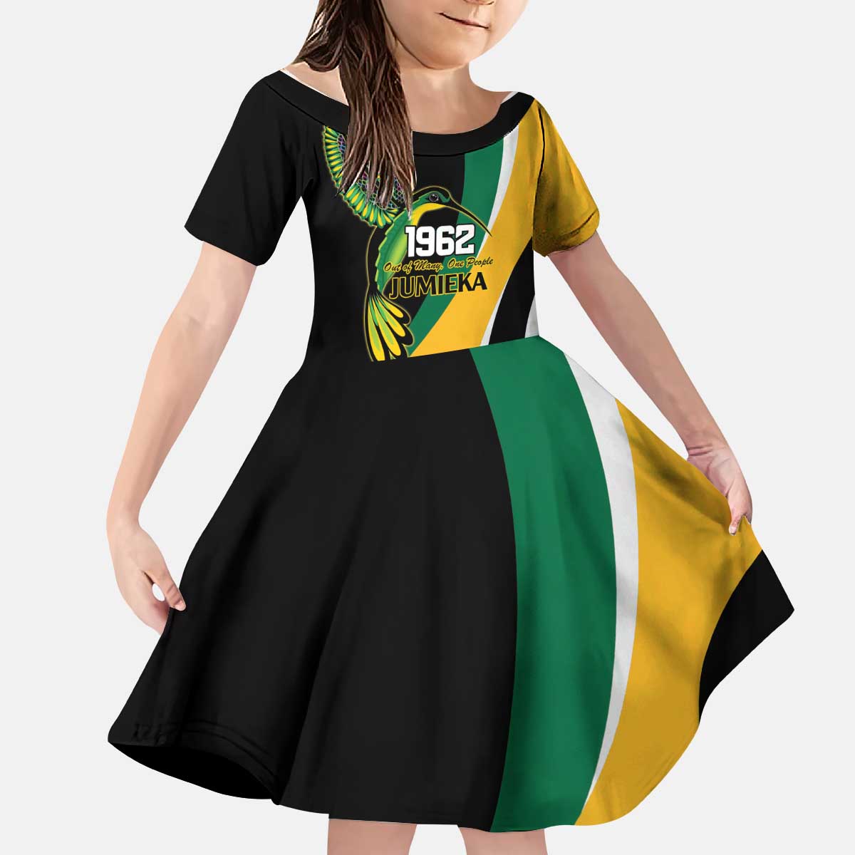 Jamaica Independence Day Personalized Kid Short Sleeve Dress Green and Yellow Tribal Hummingbird - Wonder Print Shop