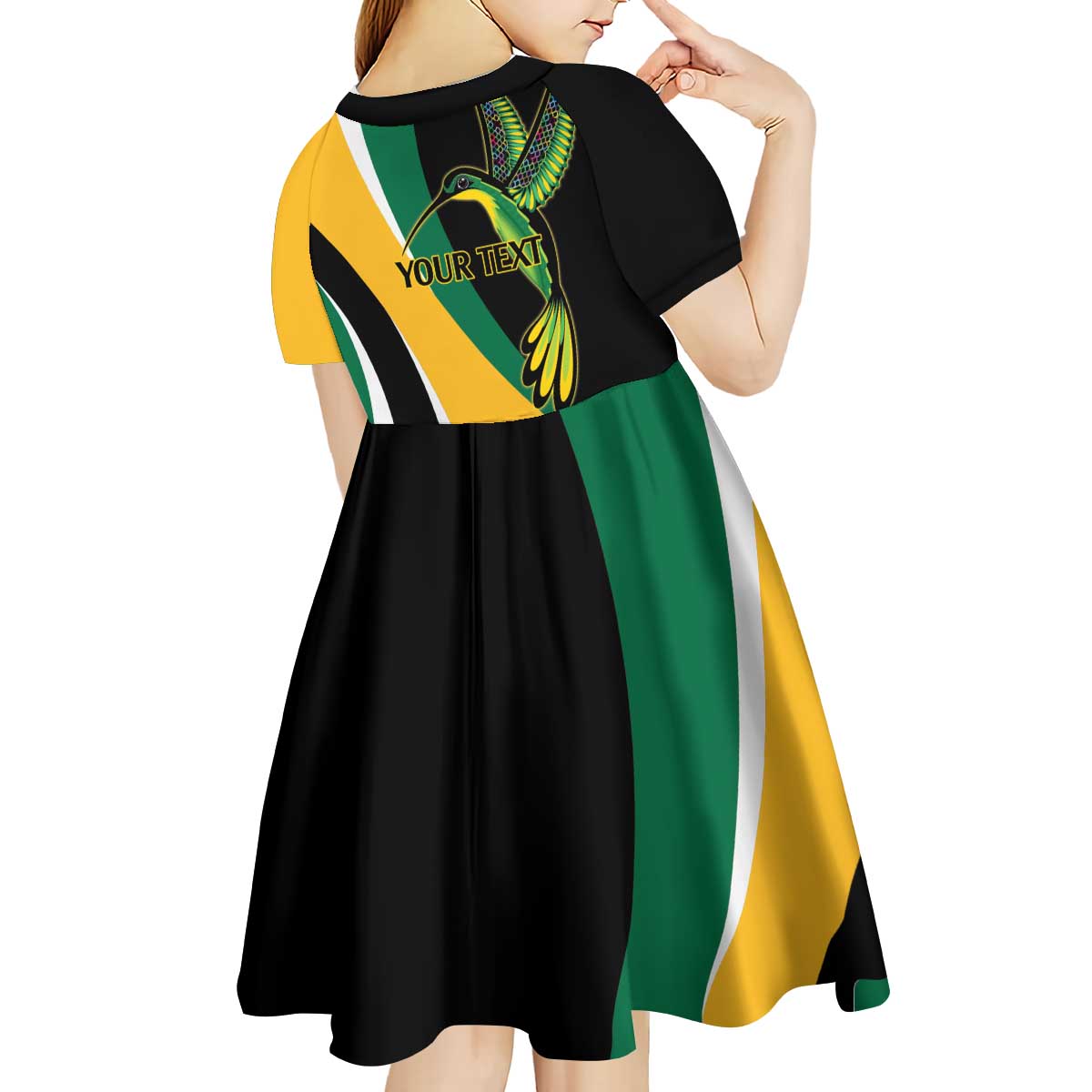 Jamaica Independence Day Personalized Kid Short Sleeve Dress Green and Yellow Tribal Hummingbird - Wonder Print Shop