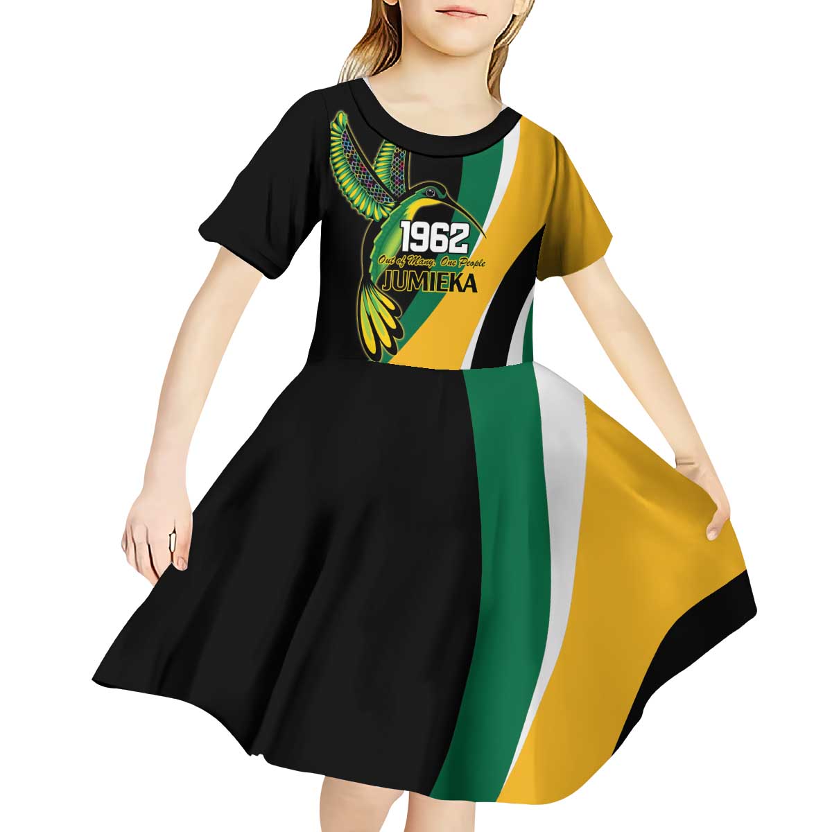 Jamaica Independence Day Personalized Kid Short Sleeve Dress Green and Yellow Tribal Hummingbird - Wonder Print Shop