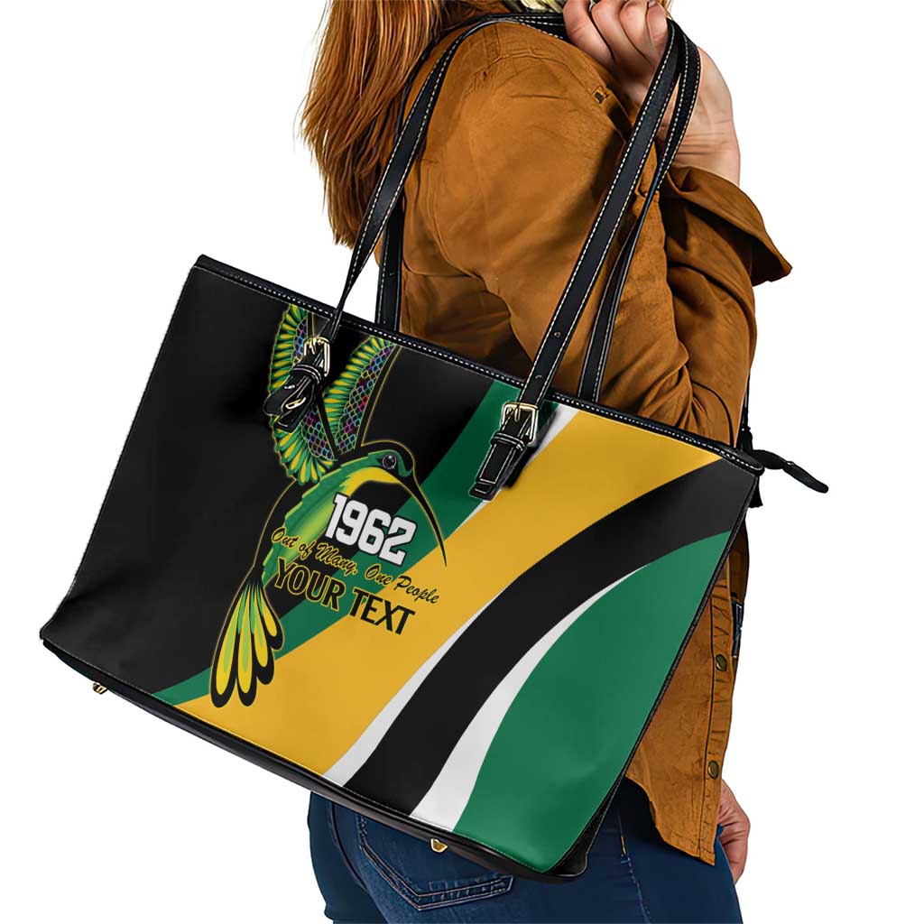 Jamaica Independence Day Personalized Leather Tote Bag Green and Yellow Tribal Hummingbird - Wonder Print Shop