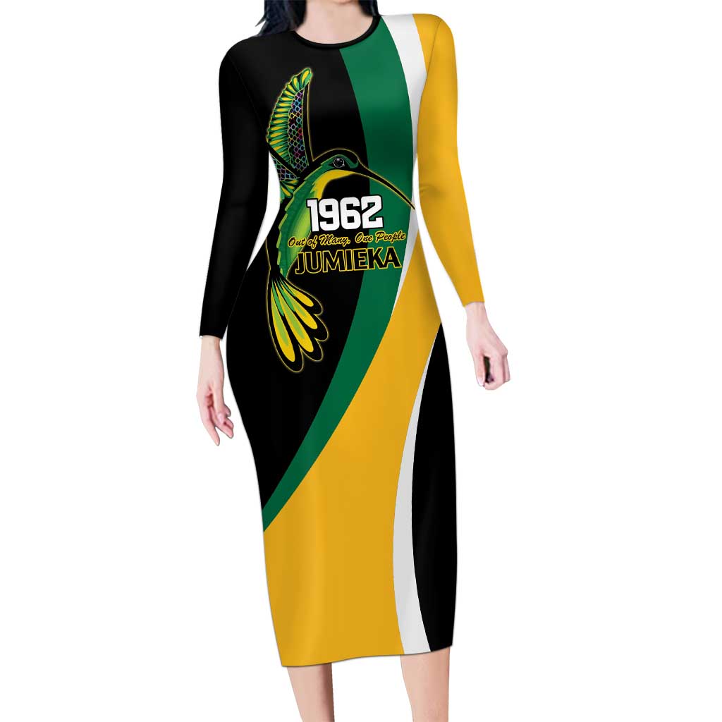 Jamaica Independence Day Personalized Long Sleeve Bodycon Dress Green and Yellow Tribal Hummingbird - Wonder Print Shop