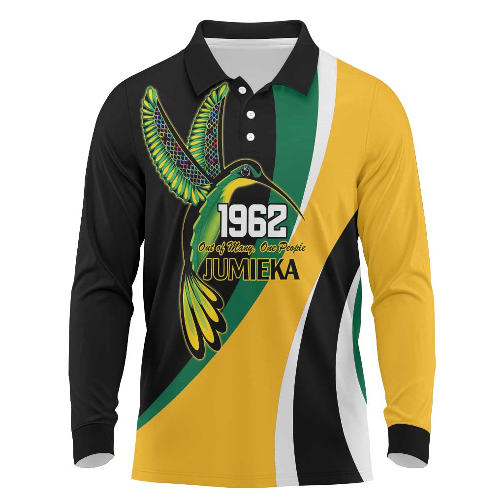 Jamaica Independence Day Personalized Long Sleeve Polo Shirt Green and Yellow Tribal Hummingbird - Wonder Print Shop