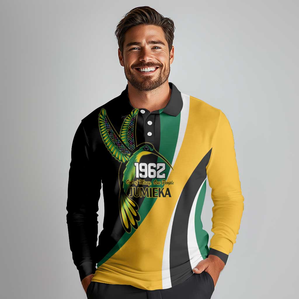 Jamaica Independence Day Personalized Long Sleeve Polo Shirt Green and Yellow Tribal Hummingbird - Wonder Print Shop