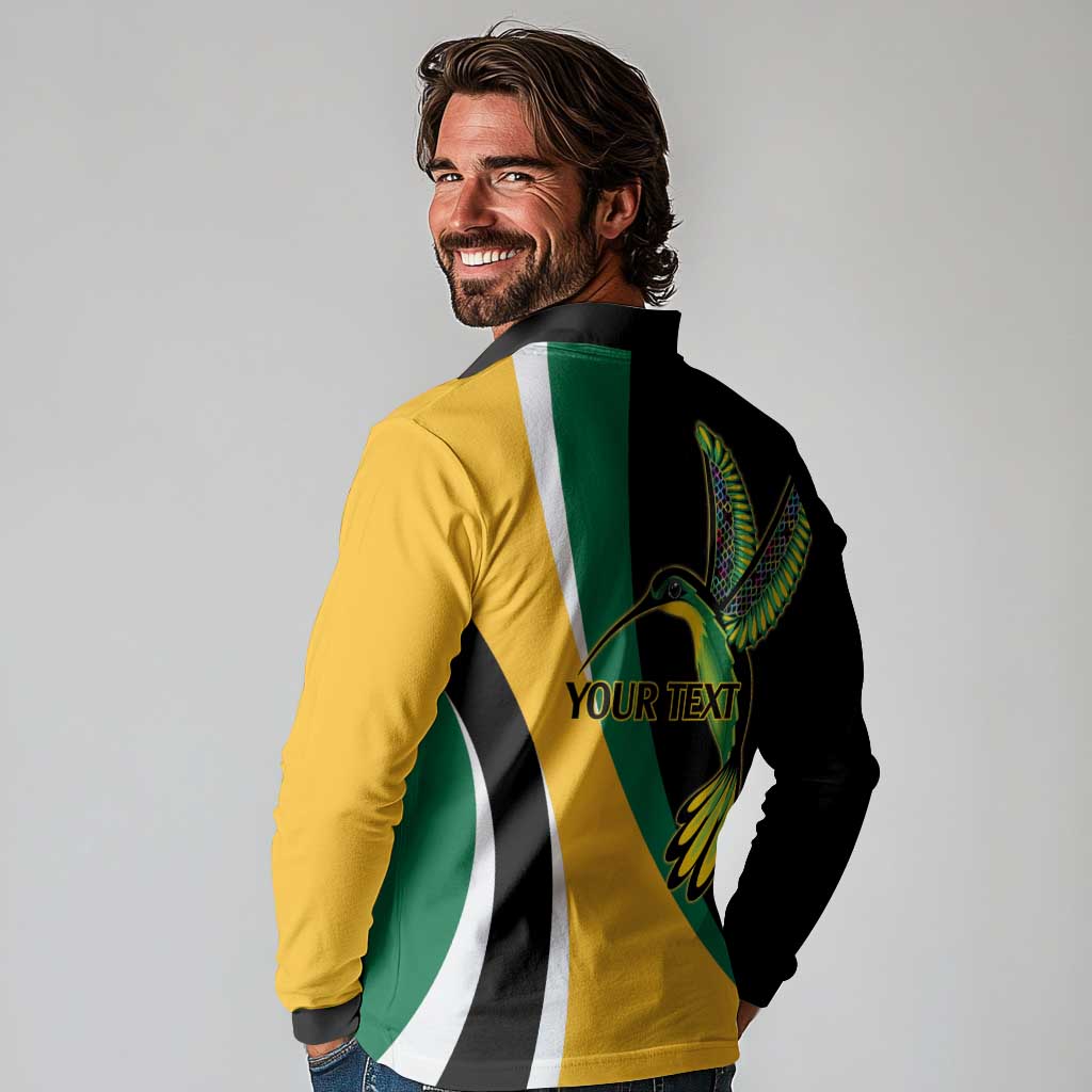 Jamaica Independence Day Personalized Long Sleeve Polo Shirt Green and Yellow Tribal Hummingbird - Wonder Print Shop