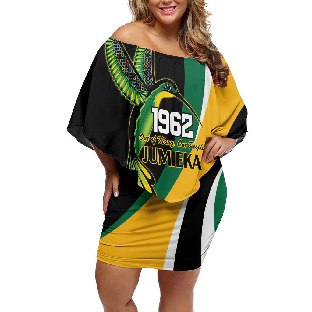 Jamaica Independence Day Personalized Off Shoulder Short Dress Green and Yellow Tribal Hummingbird - Wonder Print Shop