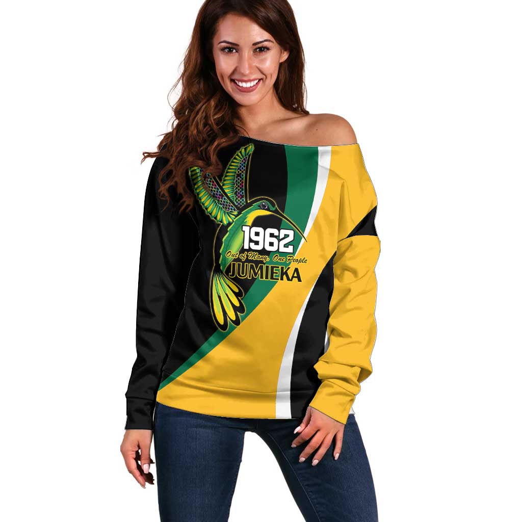 Jamaica Independence Day Personalized Off Shoulder Sweater Green and Yellow Tribal Hummingbird - Wonder Print Shop